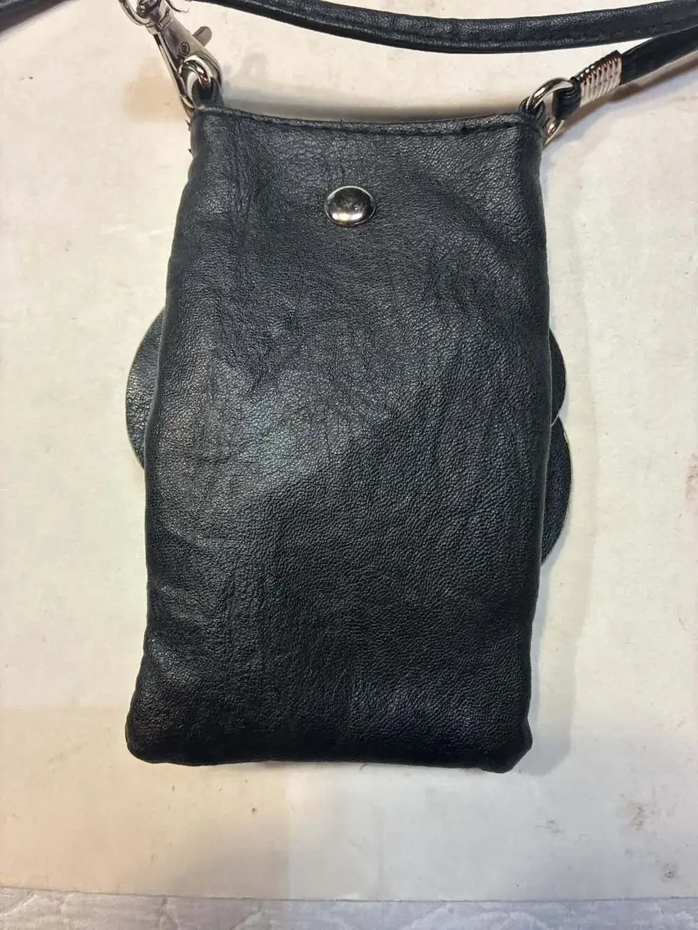 Black Leather Camellia Flower Applique Crossbody Mobile Phone Purse Bag